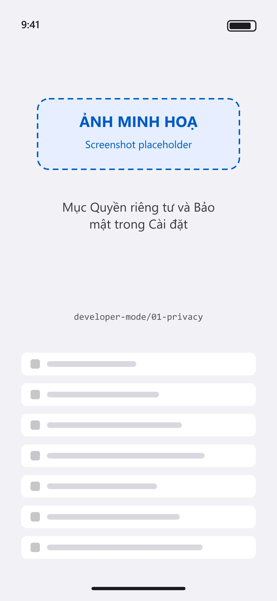 Mục Quyền riêng tư và Bảo mật trong Cài đặt